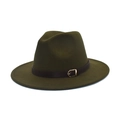 Olive green wool fedora hat with a brown leather decorative band and gold metal buckle - M (56-58cm) / Army Green