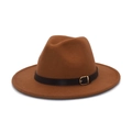 Classic brown wool fedora hat with black leather band and gold buckle on white background - M (56-58cm) / Khaki