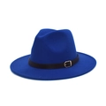 Detail of royal blue wool fedora hat with black leather band and golden buckle - M (56-58cm) / Royal Blue