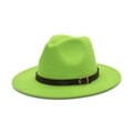 Close-up of neon green wool fedora with black leather band and gold metal buckle - M (56-58cm) / Fruit Green