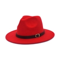 Detail of red wool fedora hat featuring a black leather band and gold metal buckle - M (56-58cm) / Red