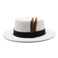 Classic white wool felt flat top boater hat with black ribbon and pheasant feathers - M (56-58cm) / White