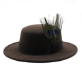 Classic British wool felt boater hat in dark brown with elegant peacock feathers - Brown