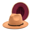 Classic camel wool fedora hat with burgundy interior and black buckled leather band - M (56-58cm) / Camel & Wine Red