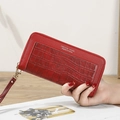 Red long wallet for women with crocodile texture and wristlet strap in soft PU leather - Wine Red