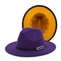 Detail of fedora hat with purple exterior, yellow brim lining and leather strap - M (56-58cm) / Purple+Yellow