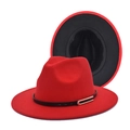 Detail of red wool fedora with black leather band and gold buckle on a white background - M (56-58cm) / Red + Black