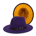 Dettaglio cappello in lana viola con tesa gialla a contrasto e fibbia in oro - M(56-58cm) / Esterno Viola Interno Giallo Bicolore
