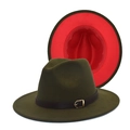 Detail of wool fedora hat with olive green exterior and contrasting red inner brim detail - M(56-58cm) / Army Green Exterior Red Interior