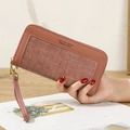 Dusty pink long wallet with stone texture, zipper closure and wrist strap - Deep Pink