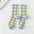 Calze in cotone traspirante con motivo a scacchi blu e gialli per donna in stile college - A scacchi