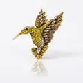 Elegant gold hummingbird brooch with sparkling yellow and iridescent crystal rhinestones - Yellow Rhinestone Gold Base