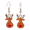 Glittery orange Christmas reindeer drop earrings with red nose and silver hooks - Cartoon Elk