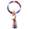 Detail of colorful striped leather ring keychain with gold metal clasp and long tassel - Rainbow