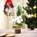 Mini artificial pine Christmas tree with white cotton balls on natural wooden base - Cotton & White Berry Style