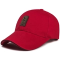 Gorra de béisbol clásica de algodón rojo oscuro con parche de cuero vintage y ribeteado - Ajustable / Rojo con etiqueta marrón