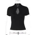 Detail of black fitted short top with mandarin collar and keyhole cutout design - S / Black