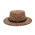 Close-up of leopard print flat top wool hat with brown leather band and metal buckle - M(56-58cm) / Camel