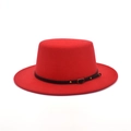 Flat top red wool felt gambler hat with a narrow black leather band and gold buckle - M (56-58cm) / Red