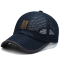 Navy blue breathable mesh baseball cap with gray brim and brown leather patch - Coffee Label / Navy Blue