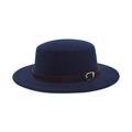 Navy blue wool wide brim fedora hat with brown leather band and gold buckle detail - M (56-58cm) / Navy Blue