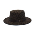 Detail of leopard print flat top wool hat featuring a brown leather band and gold buckle - M (56-58cm) / Army Green
