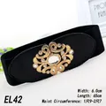 Women's black elastic wide belt with oval gold hollow buckle and sparkling rhinestones - EL42