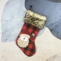 Christmas stocking with red buffalo plaid, faux fur trim and Santa Claus burlap applique - Santa Claus