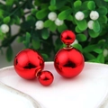 Modern double-sided spherical stud earrings in vibrant red metallic finish on white tray - Artificial Pearl Double Ball Style (E904-1) / Red