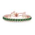 Detail of rose gold tennis bracelet featuring square green crystals and adjustable slider - Rose Gold Square Emerald Green Stone (4mm)
