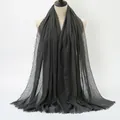 Dark grey wrinkled cotton linen scarf for women featuring handmade fringe edges - Dark Gray