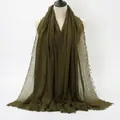 Dark olive green crinkle scarf with frayed edges in lightweight cotton linen fabric - Deep Olive Green (12#) / 180x90cm