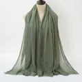 Deep grey-green cotton linen scarf with micro-pleated texture and frayed edges - Grey Green
