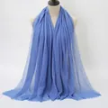 Cobalt blue cotton linen textured scarf for women with fringed edges and natural creases - Medium Blue