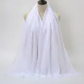 Lightweight white crinkle cotton scarf with fringe edges displayed on a bust - 180x90cm / White (79#)