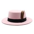 Pink flat top wool felt fedora hat with black ribbon band and feather accent for women - M (56-58cm) / Pink