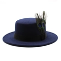 Classic navy wool felt boater hat with vibrant peacock feather detail and wide brim - Navy Blue