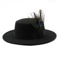 Classic black wool felt flat top wide brim hat with peacock feather decoration - Black