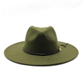 Olive green wide brim wool felt jazz fedora hat with black band and gold buckle - M (56-58cm) / Army Green