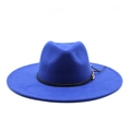 Classic blue wool felt fedora hat with wide brim and decorative black leather gold buckle belt - M (56-58cm) / Blue