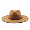Detail of camel wool felt fedora hat with elegant black band and gold chain accent - M (56-58cm) / Khaki