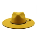 Detail of yellow wool felt fedora featuring a black band and gold leaf metal ornament - M (56-58cm) / Yellow