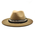 Detail of bohemian wool fedora hat featuring sequined band with colorful woven trim - M (56-58cm) / Khaki
