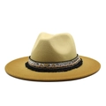 Bohemian two-tone fedora hat with wide brim, ethnic woven band and fringe details - M (56-58cm) / Ginger Yellow