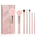 Detail view of 7-piece pink makeup brush set with rose gold ferrules and travel pouch - 7Pcs with Bag / Girl Pink