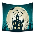 Bohemian Halloween wall tapestry with gothic castle silhouette and bats under full moon - WSJ28-Dark Teal Gothic Castle / 73X95CM (Brushed Fabric)