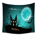 Bohemian Halloween tapestry featuring a castle, full moon, and bats in teal and black gradient - WSJ27-Teal Black Gradient Castle / 73X95CM (Brushed Fabric)
