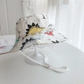 Kids breathable white cotton bucket hat with colorful dinosaur prints and windproof cord - 54cm / Dinosaur White