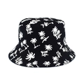 Dettaglio della stampa con palme tropicali e fenicotteri sul cappello a secchiello nero - M (56-58cm) / Cappello Nero Foglie Bianche