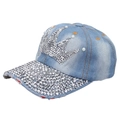 Close-up of denim baseball cap featuring rhinestone crown and pearl embellishments - Crown